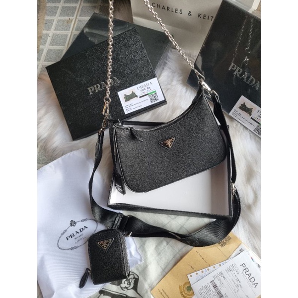set túi kẹp nách #prada. da xước kèm ví có hộp