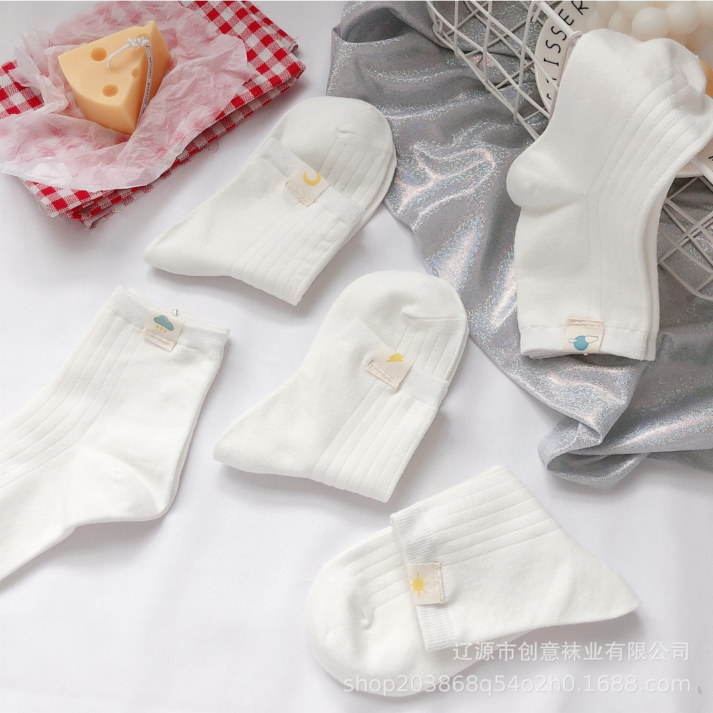 Vớ trắng nữ cổ cao Hàn Quốc Tất gân trơn cổ trung nữ Nhật Bản Cotton