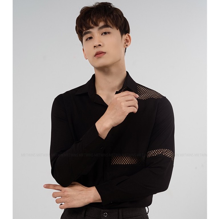 Áo Sơ Mi Nam Dài Tay Phối Lưới Màu Trắng/Đen Thương Hiệu MrTwins
