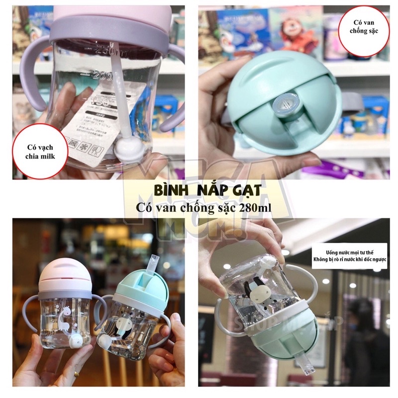 ( Bình 280ml/350ml) Bình Uống Nước Cho Bé Có Van Chống sặc, Không Rò Rỉ Nước Hình Heo/Hươu Có Quai Đeo Cực Tiện Lợi