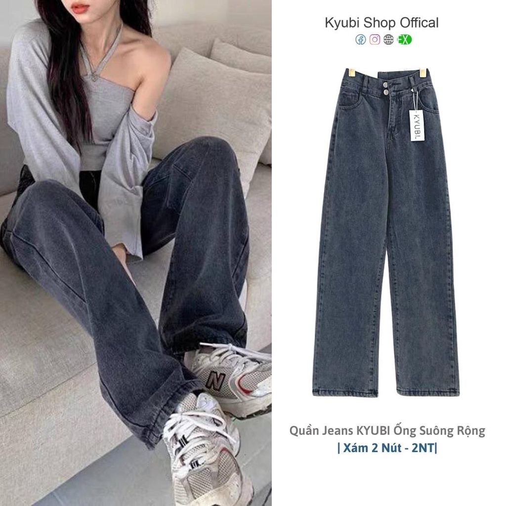 Quần jean nữ xám ống rộng cạp lưng cao KYUBI phong cách Ulzzang old shool  - Quần jeans suông NT2