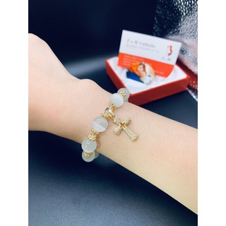 Vòng Tay, Chuỗi Mân Côi Đá Trắng Mix Thánh Giá Bạc Thái Mạ Vàng Sang Trọng
