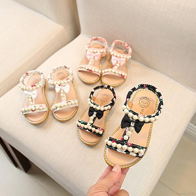 Giày Sandal xỏ ngón đính ngọc trai cho bé gái