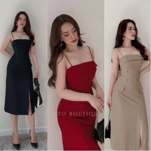 ĐẦM 2 DÂY DẠO PHỐ NÚT BỌC XẺ ĐÙI – NUDE ĐỎ ĐEN – VÁY ÔM BODY - GD076