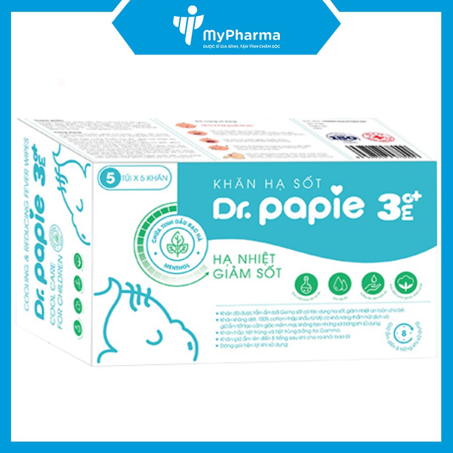 Khăn hạ sốt Dr. Papie 3+ - hạ nhiệt giảm sốt (5 túi x 5 khăn)