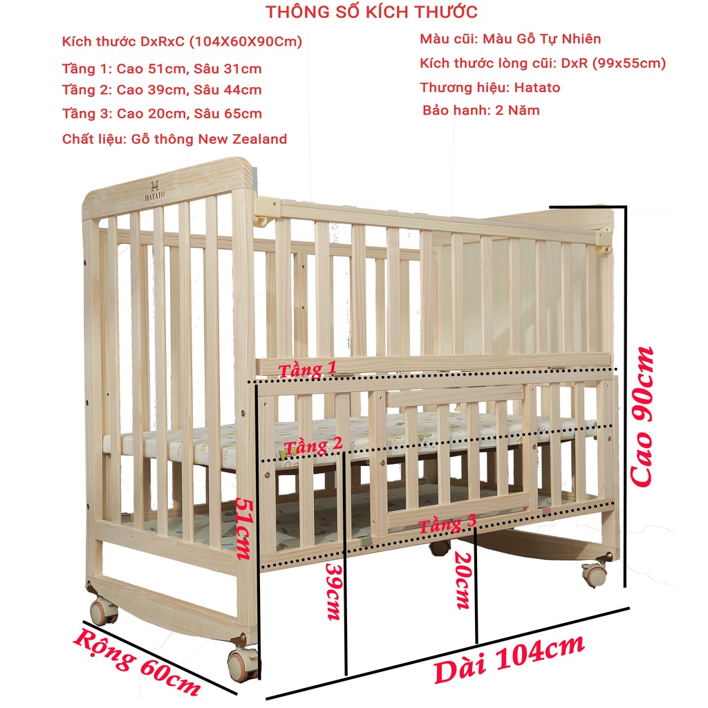 Cũi Cho Bé S218 Hatato BH-2năm cho trẻ từ 0-4 tuổi làm bằng gỗ thông có 6 chức năng bao gồm nôi em bé và quây cũi cho bé