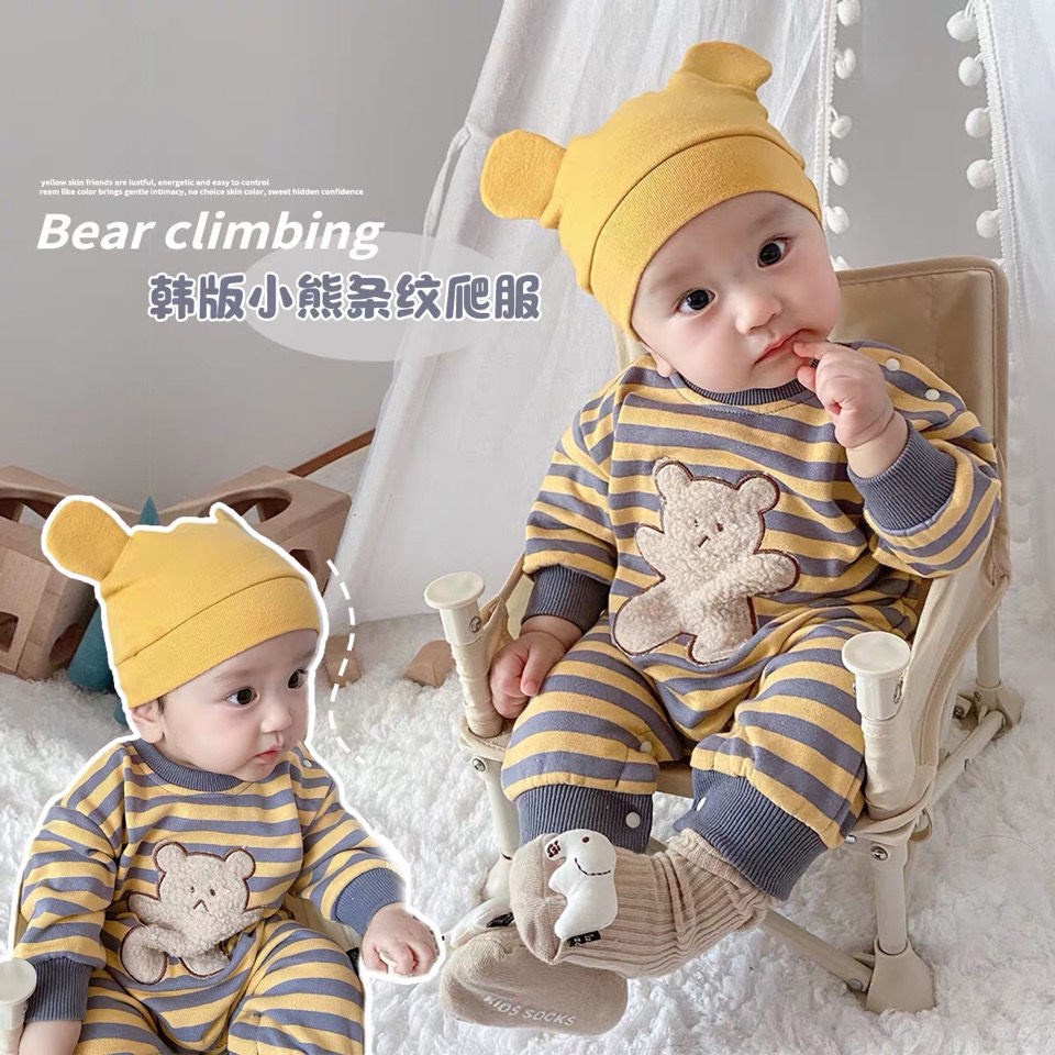 Áo liền quần dài tay kẻ sọc ngang họa tiết gấu hoạt hình dễ thương cho trẻ sơ sinh
