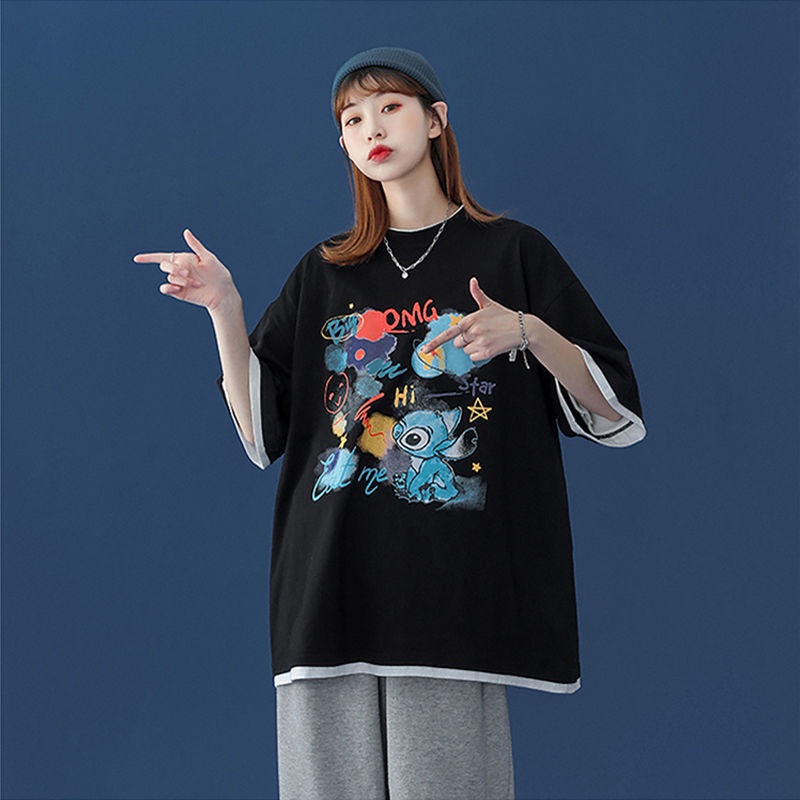 AMOI Áo Thun Ngắn Tay Cổ Tròn Giả Hai Lớp Thời Trang Cho Nữ