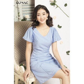 Đầm nữ tay phồng cổ v gumac ms12057_xanh