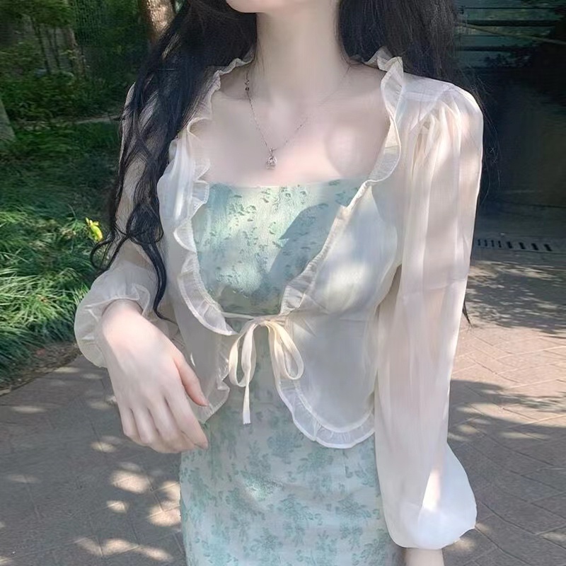 Áo Sơ Mi Tay Dài Dáng Rộng Chống Nắng Thiết Kế Dây Cột Nơ Thời Trang Xinh Xắn Cho Nữ