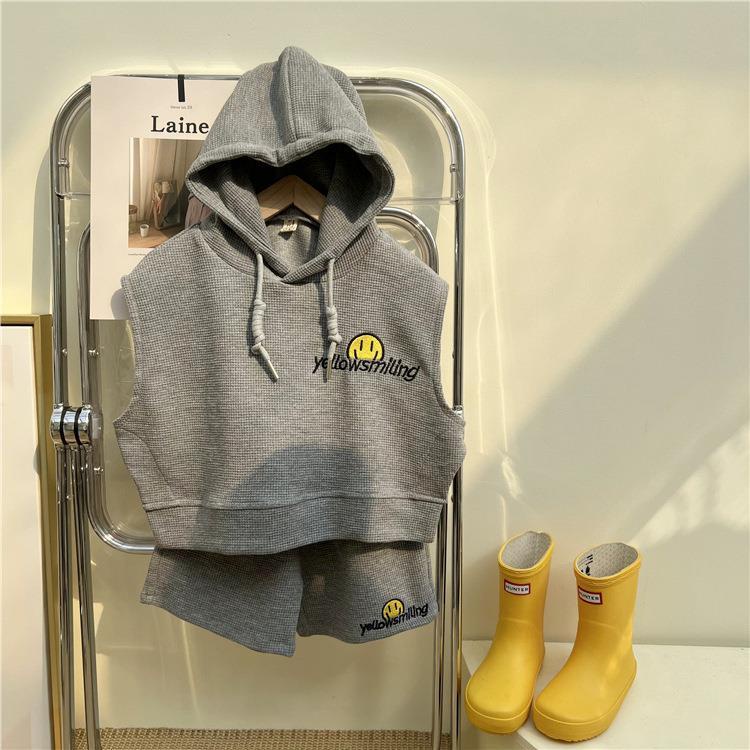 Bộ Áo Hoodie + Quần Sooc Dáng Rộng Thêu Họa Tiết Mặt Cười Dễ Thương Thời Trang Xuân Hè Cho Bé Trai Và Gái