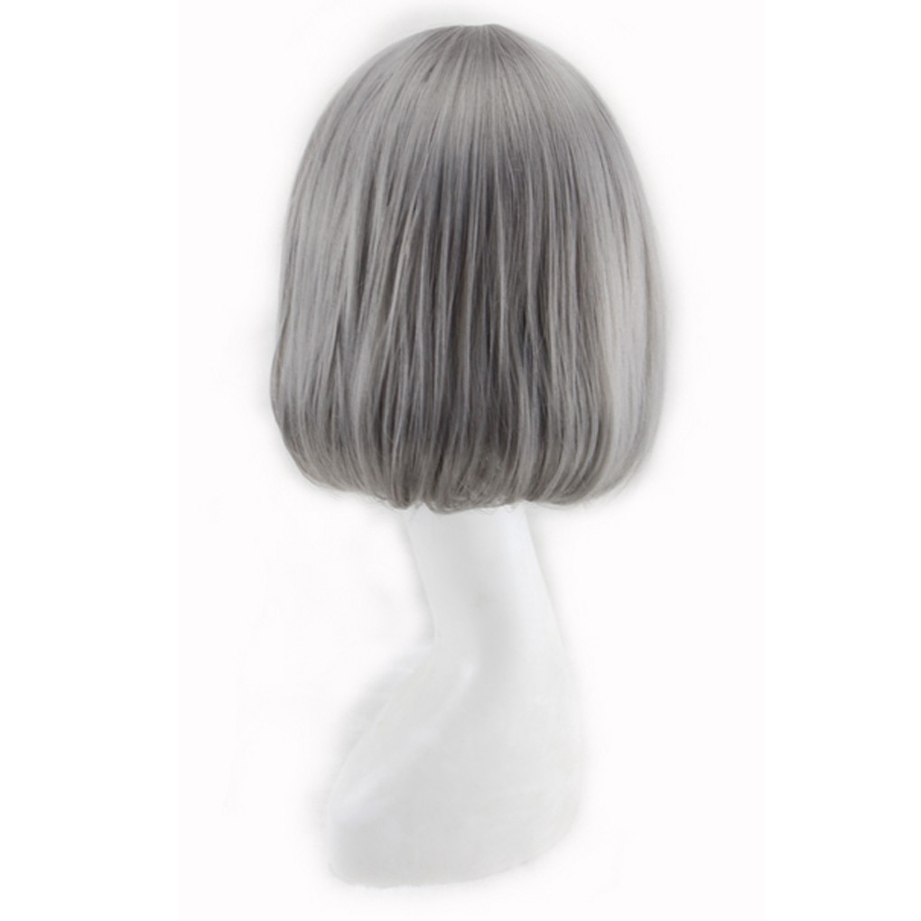 Tóc giả nhuộm màu bạc thiết kế kiểu ngắn đuôi xoăn nhẹ mái lưa thưa thời trang dài 33cm