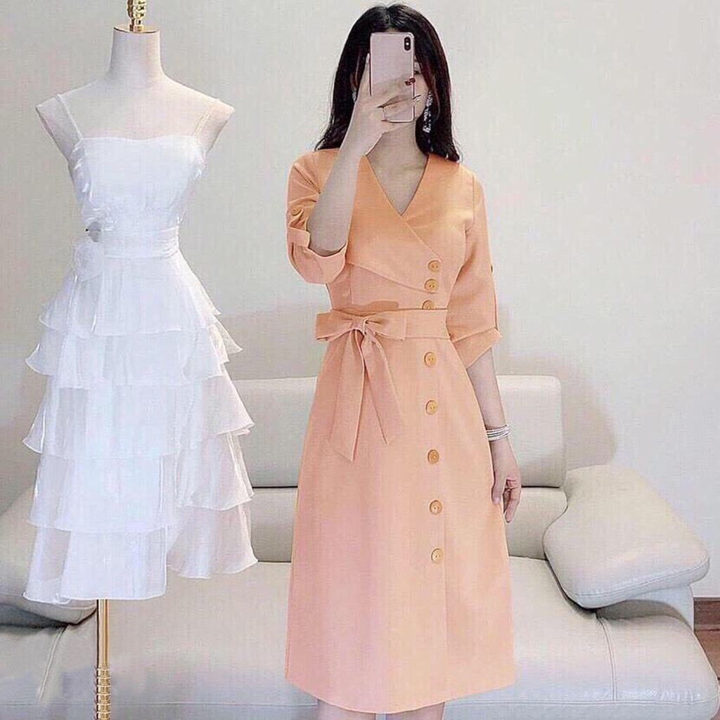 Đầm Nữ Dáng Xòe Đính Nút Dài Tay Thắt Nơ Lưng Vải Umi Free Size VNJ351 | BigBuy360 - bigbuy360.vn