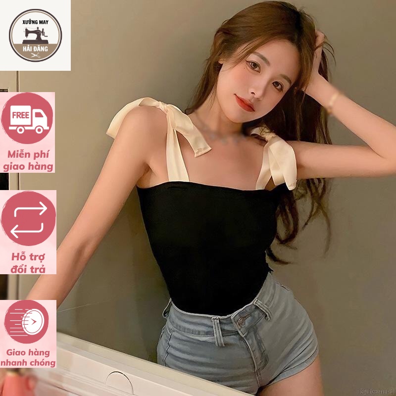 Áo ba lỗ croptop nữ ôm body hở vai, Áo croptop hai dây buộc nơ vải cotton co giãn