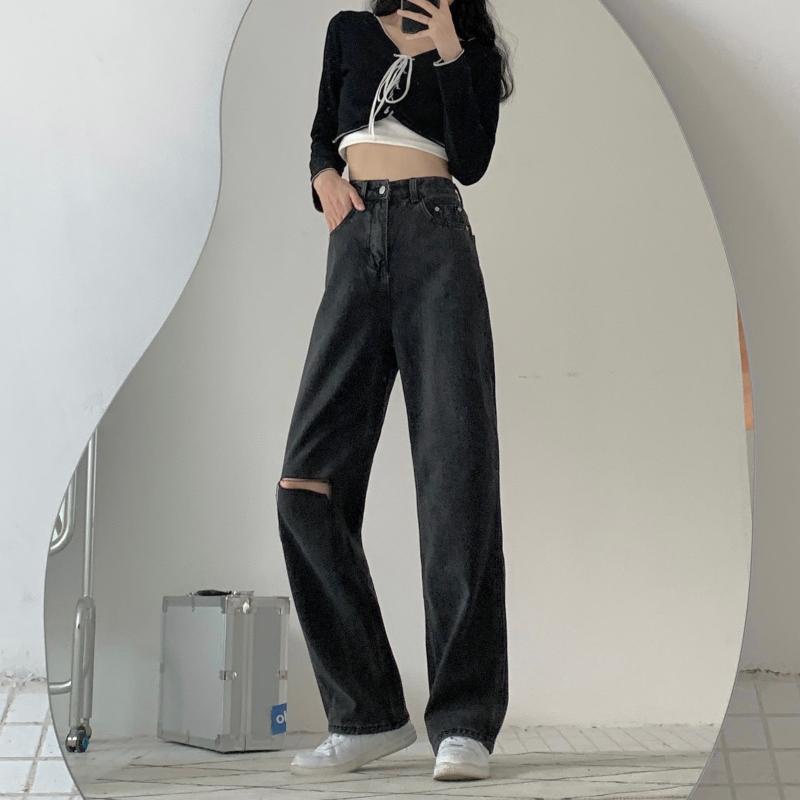 Xiaozhainv Quần Denim Nữ Lưng Cao Rách Gối Cá Tính Phong Cách Hàn Quốc