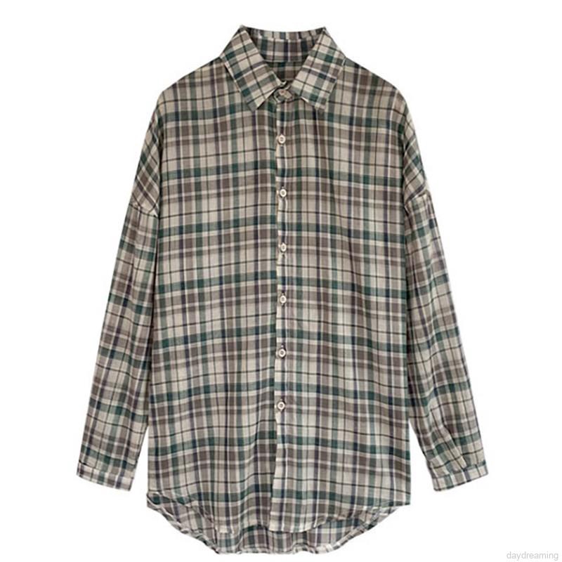Women Plaid Print Lapel Shirt Loose Single-breasted Long Sleeve Blouse | BigBuy360 - bigbuy360.vn