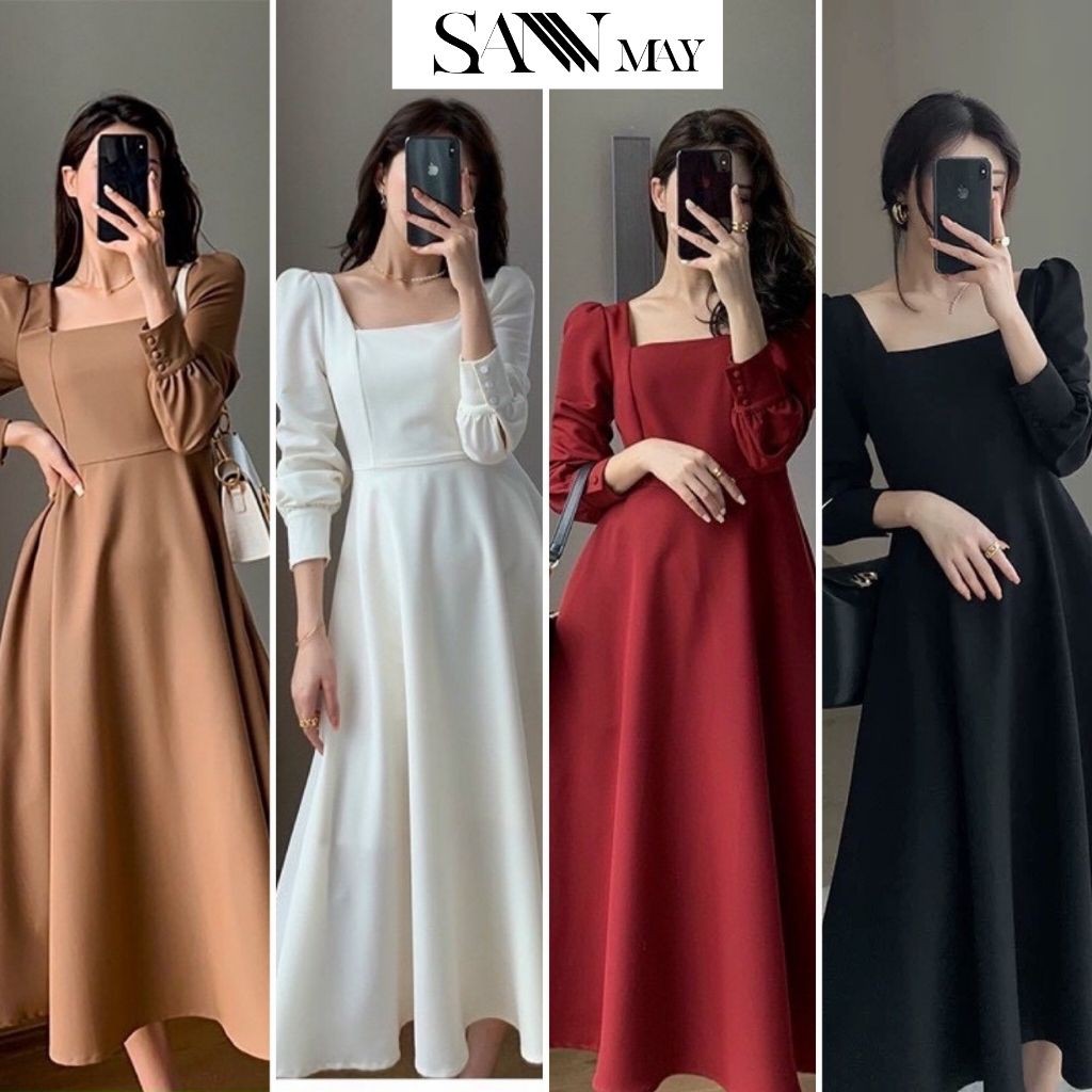 Váy Dự Tiệc Cưới Sang Trọng SANJOLI Đầm Cổ Vuông Ôm Body Đi Công Sở Cao Cấp Thiết Kế Hàn Quốc Đen Đỏ Trắng Nâu VD002