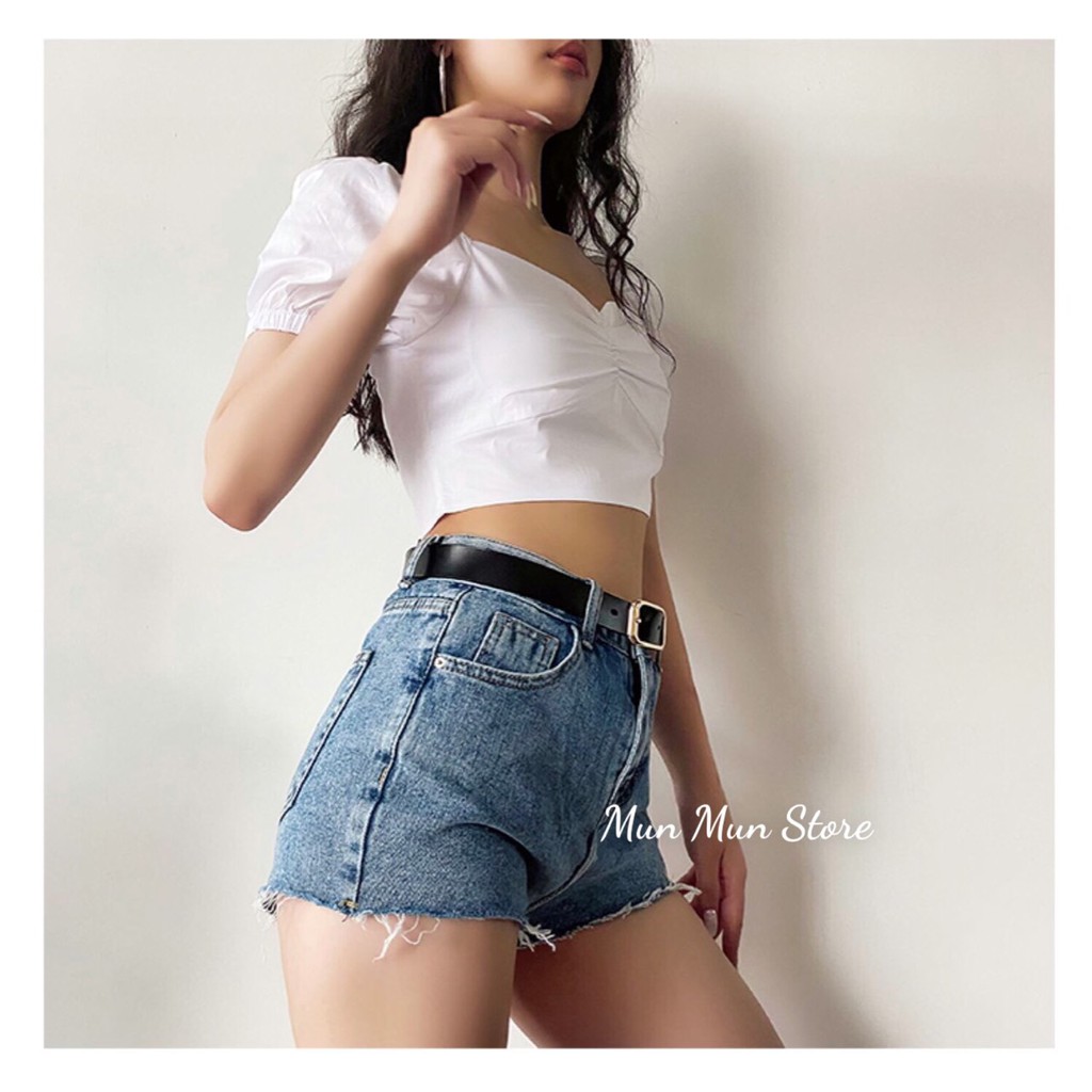 Quần short jeans nữ MunMunStore Lưng cao trơn màu xanh phong cách Hàn Quốc(ảnh + video thật) 8726
