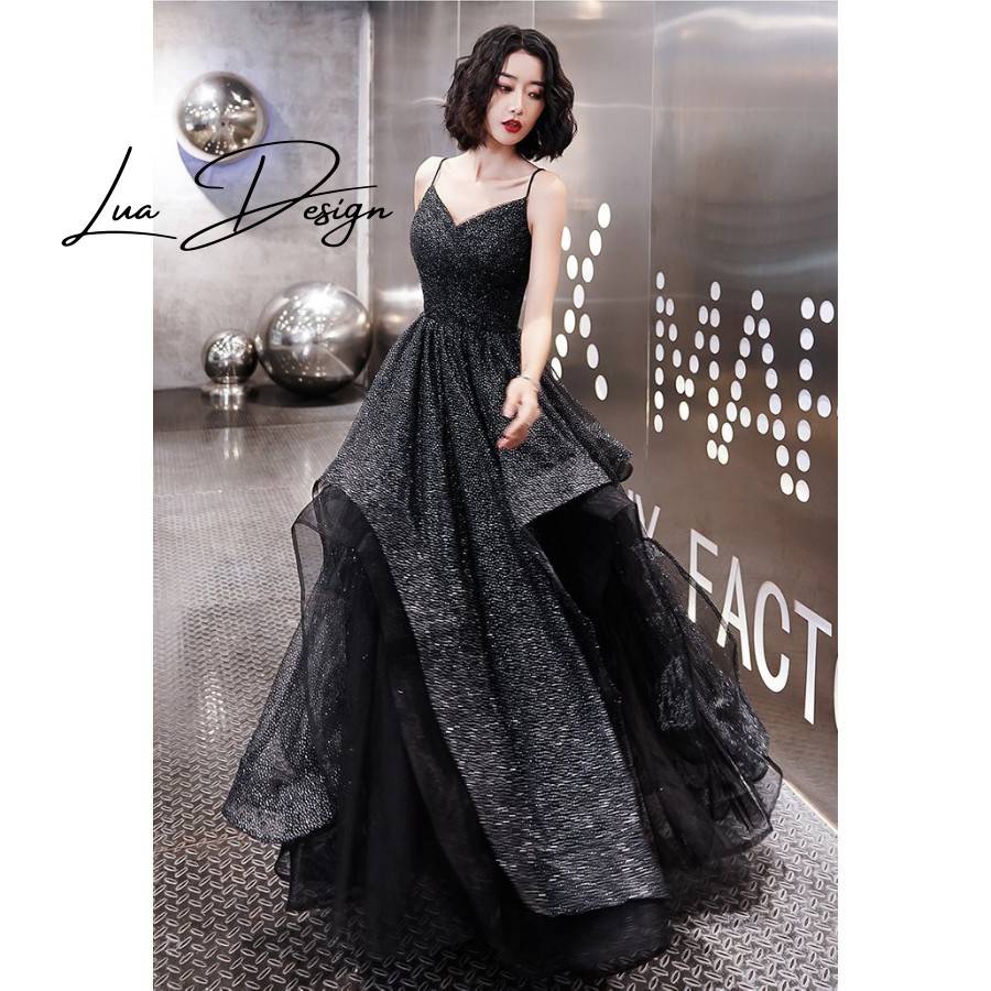 Đầm thiết kế hai dây lưới xòe tầng màu đen ánh nhũ LUA DESIGN M100001