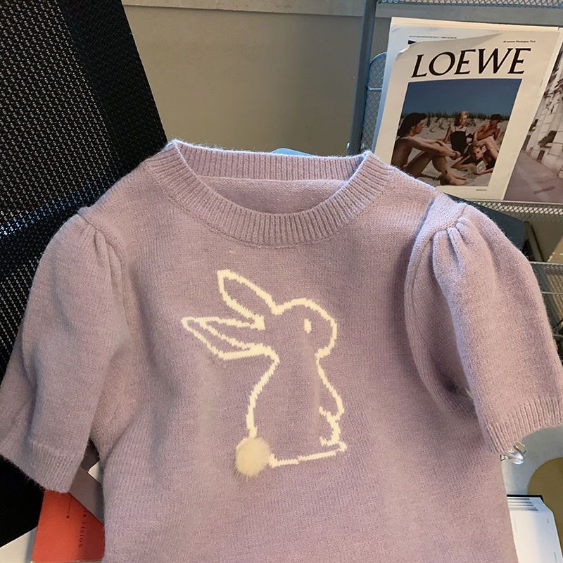 Tím Bunny Puff Tay Áo Len Nữ Xuân Thu Nhỏ Phong Cách Hàn Quốc Thời Trang Ngắn Top Hợp Thời Trang Ngắn Top Quần Áo Bé Gái