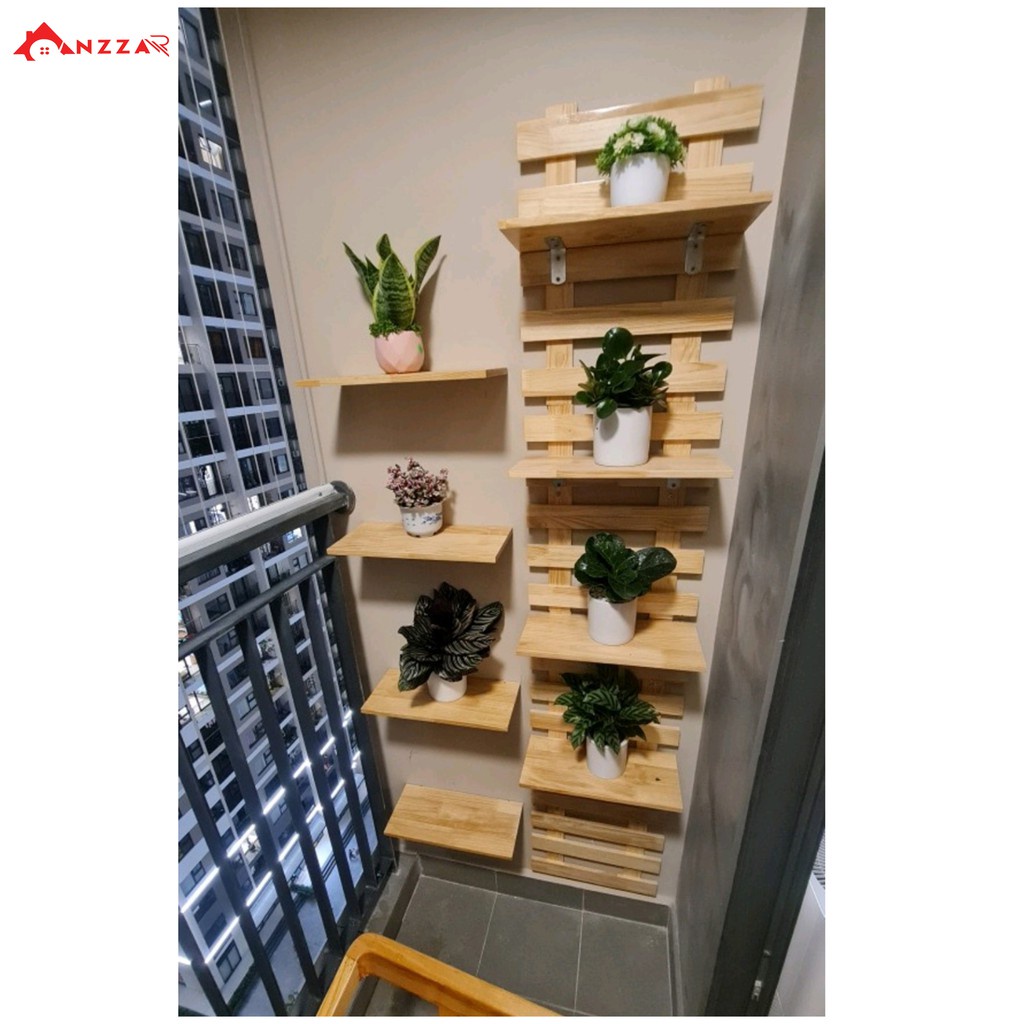 Kệ gỗ ban công, kệ trang trí Anzzar treo tường ban công, ngoại thất đẹp, treo cây, hoa gồm 3TẦNG HÀNG RÀO + 8 MẶT GỖ