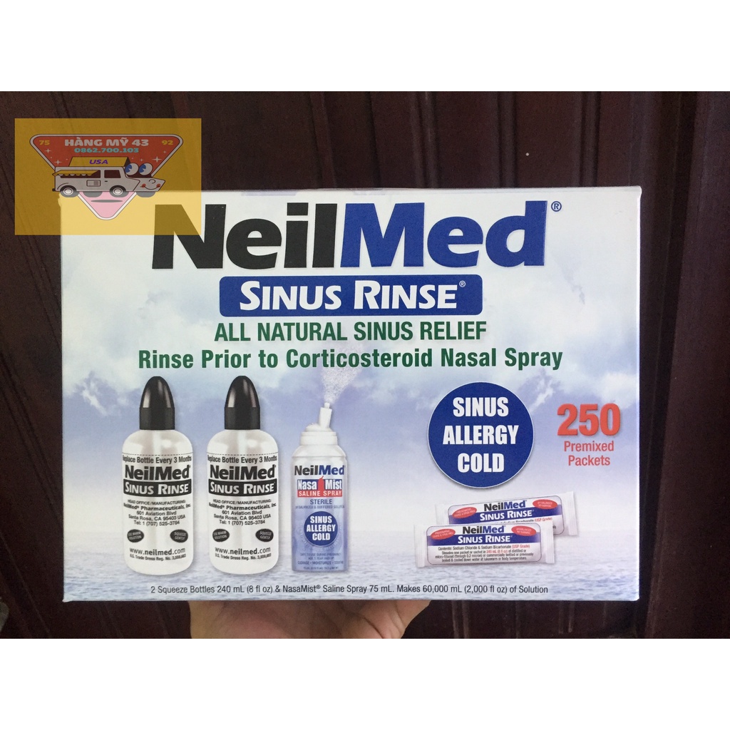 Bộ Nước Rửa Mũi NeilMed Sinus Rinse - 1 xịt 2 Bình 250 gói muối xanh [HÀNG MỸ]