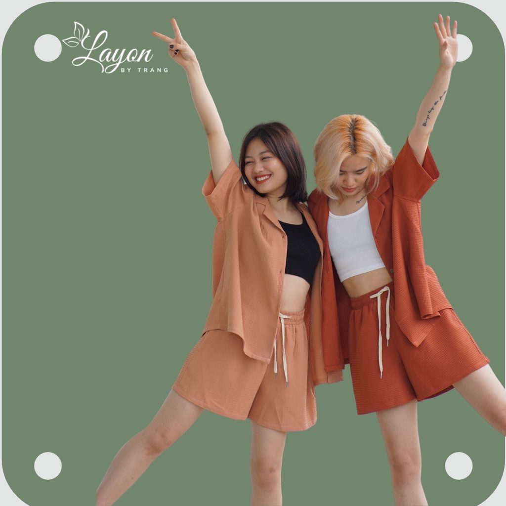 Set blazer hè vải gấm tổ ong áo ngắn tay phối hợp cùng quân sooc Layon