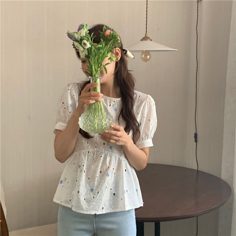 SUXI Áo Thun Tay Ngắn Cổ Tròn Thêu Họa Tiết Phong Cách Hàn Quốc Cho Nữ