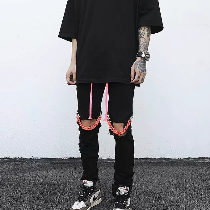 Quần jean dài dáng rộng màu đen phối dây rút phong cách hip hop Âu Mỹ thời trang cho nam và nữ size lớn M-4XL | BigBuy360 - bigbuy360.vn