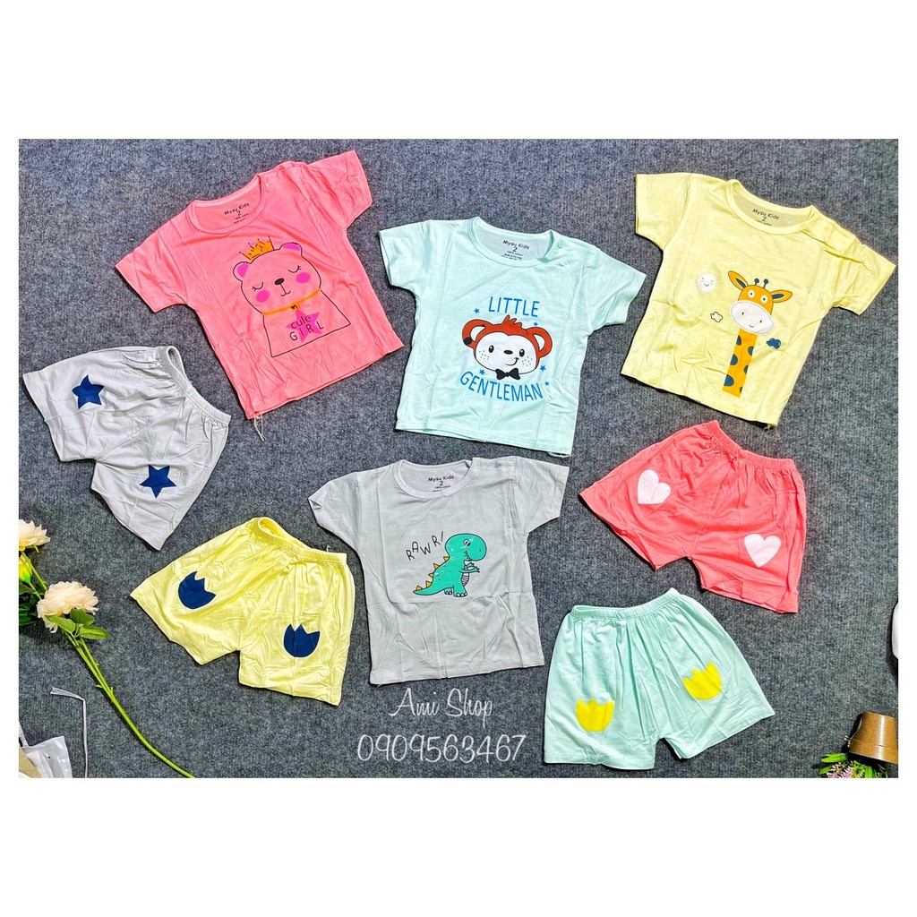 Bộ thun lạnh cộc tay cài vai in hình thú đáng yêu cho bé