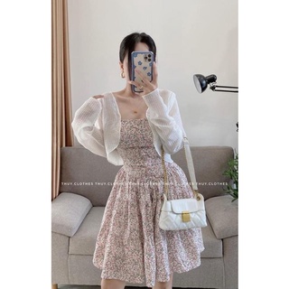 11422 set đầm 2 dây hoa kèm khoác trắng