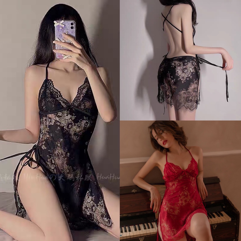 Váy ngủ ren Sexy FREE SHIP quyến rũ xuyên thấu hở lưng 2 mảnh buộc dây