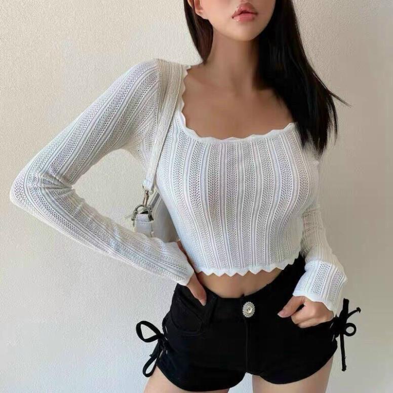 Áo thun gân tay dài croptop cuốn biên nu cổ vuông khoét sâu sexy !