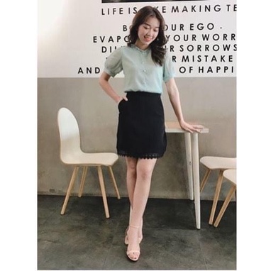 Áo sơ mi tay bồng Gloria Shop, Áo kiểu nữ cổ xếp ly đính cúc ngọc thời trang chất vải mềm mịn Hồng + Xanh SMK15