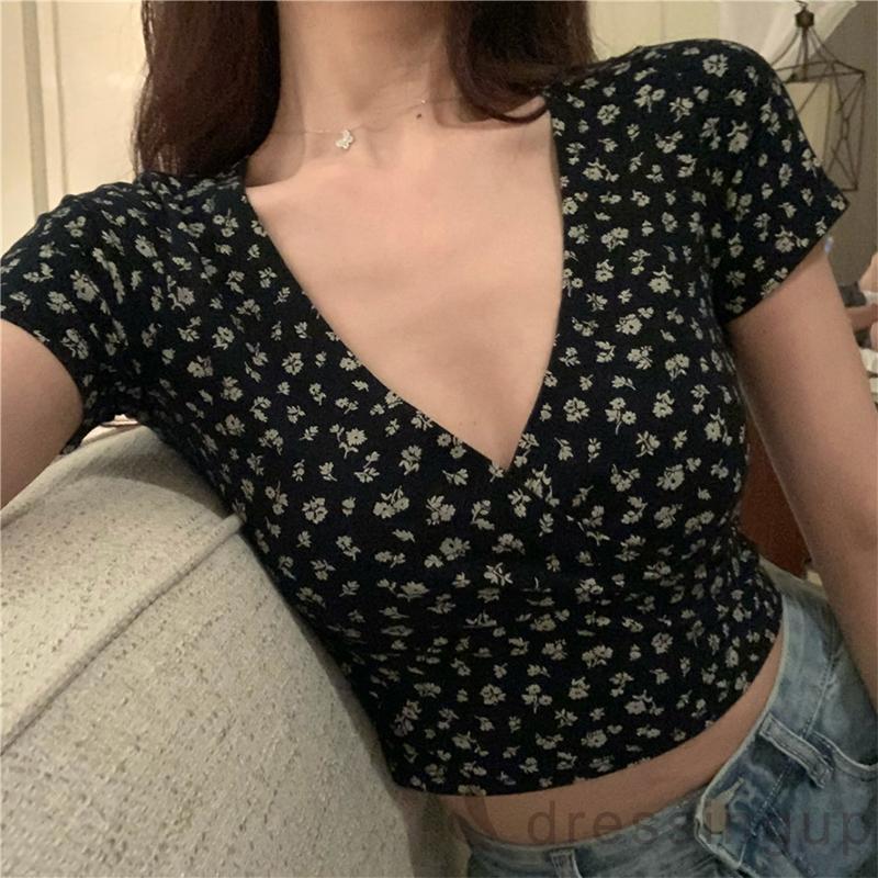 Áo ôm dáng cổ chữ V tay ngắn in họa tiết hoa thanh lịch thời trang mùa hè cho nữ