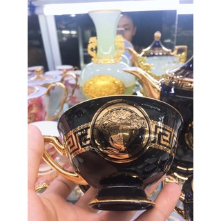 Bộ cà phê sứ xương Versace đen cao cấp