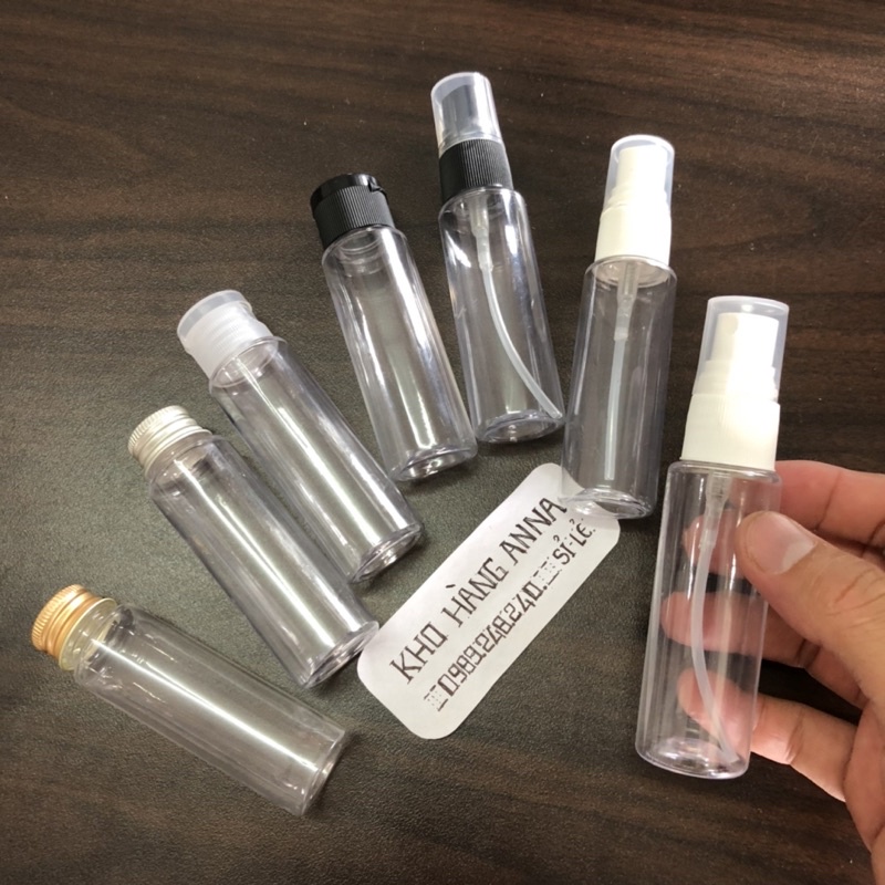 CHAI TRẮNG TRONG 30ml nhỏ thon dài - Chai nhựa Pet xịt nhỏ giọt/ xịt sương , vòi nhấn pumb, nắp bật, nắp nhôm, nhọn
