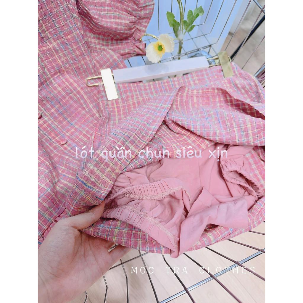 Set áo váy nữ tay bồng Quảng Châu thiết kế áo cổ vuông và chân váy ngắn chữ A siêu xinh