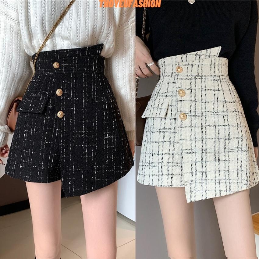 Chân Váy Dạ Tweed Cạp Lệch Dáng Chữ A Ngắn Có quần Lót Trong 3 Cúc Túi Nắp Thời Trang Nữ M353