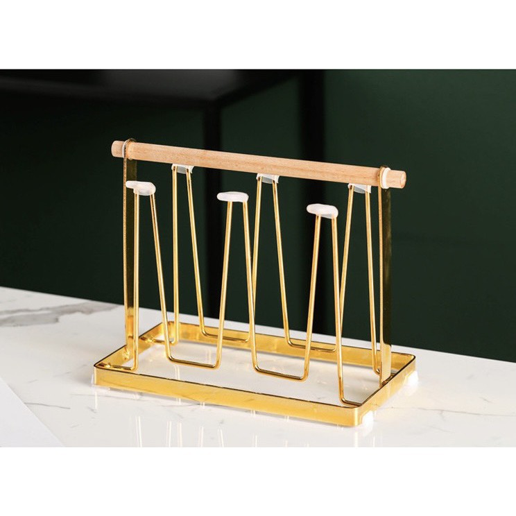 (SẴN) Giá úp cốc kim loại mạ tĩnh điện tay cầm gỗ, giá úp ly cao cấp - Hàng xuất Âu