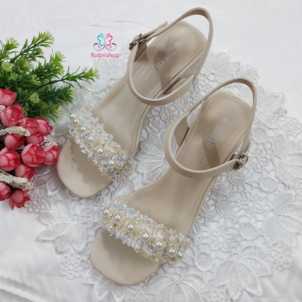 Sandal quai ngang Dusto, phối vải tweed thời trang, gót vuông 6m