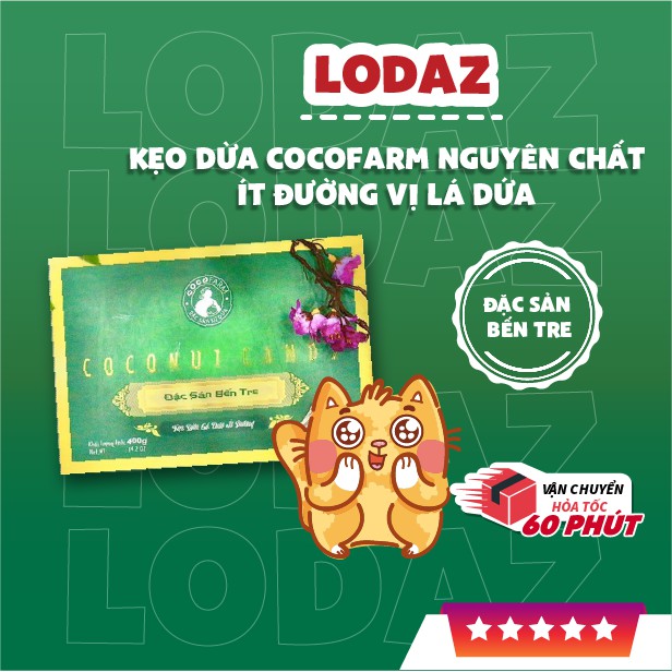 Kẹo dừa Cocofarm nguyên chất hương vị lá dứa, sầu riêng ít đường hộp 400gr