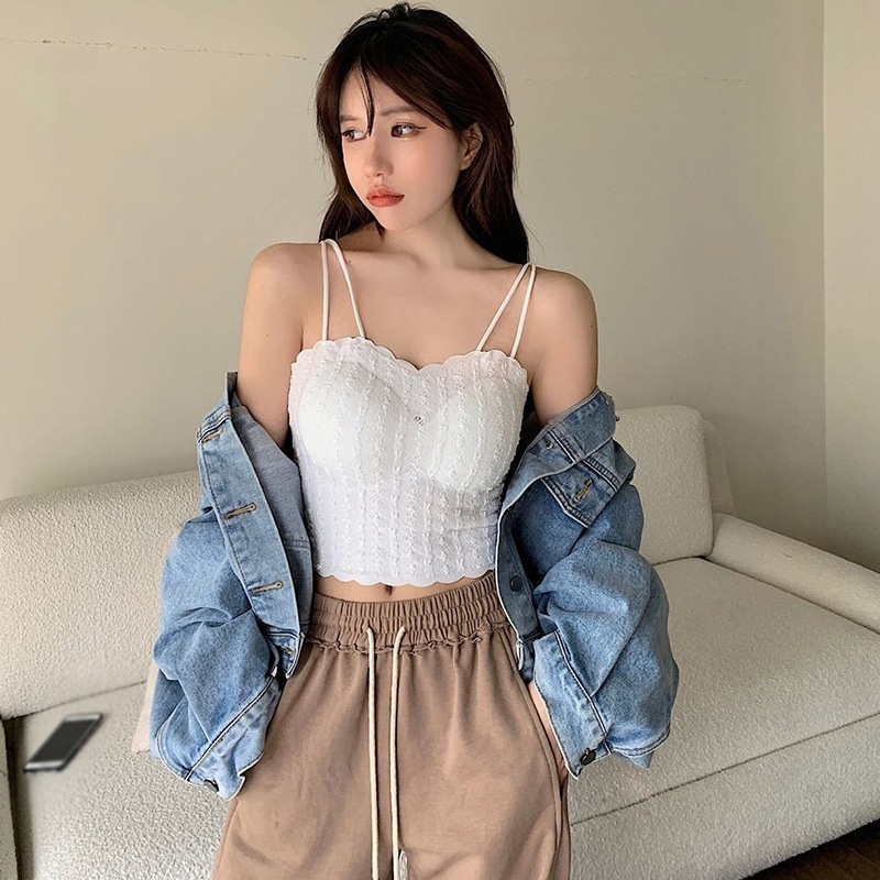 Áo Croptop Sát Nách Phối Ren Phong Cách Hàn Quốc