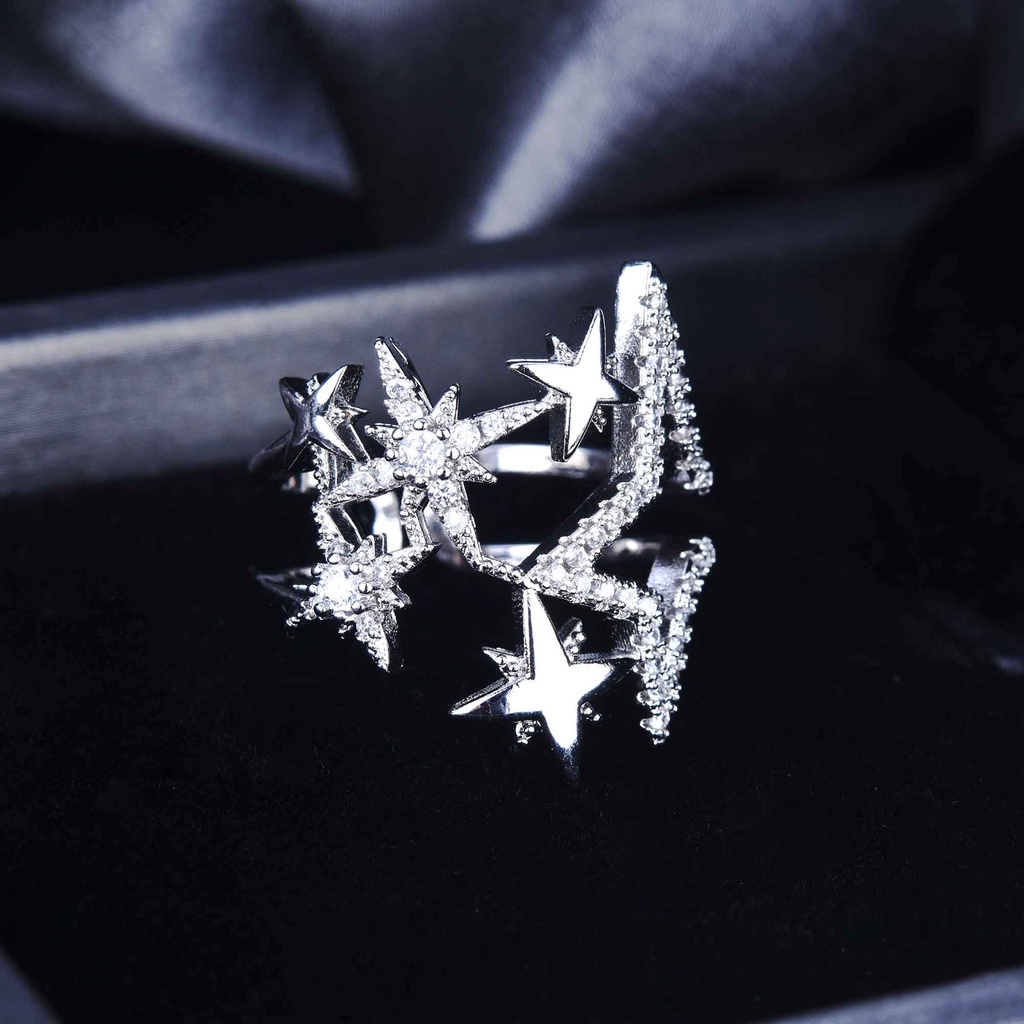 Nhẫn Mạ Bạc 925 Đính Đá Zircon Hình Ngôi Sao Năm Cánh Có Thể Điều Chỉnh Kích Cỡ