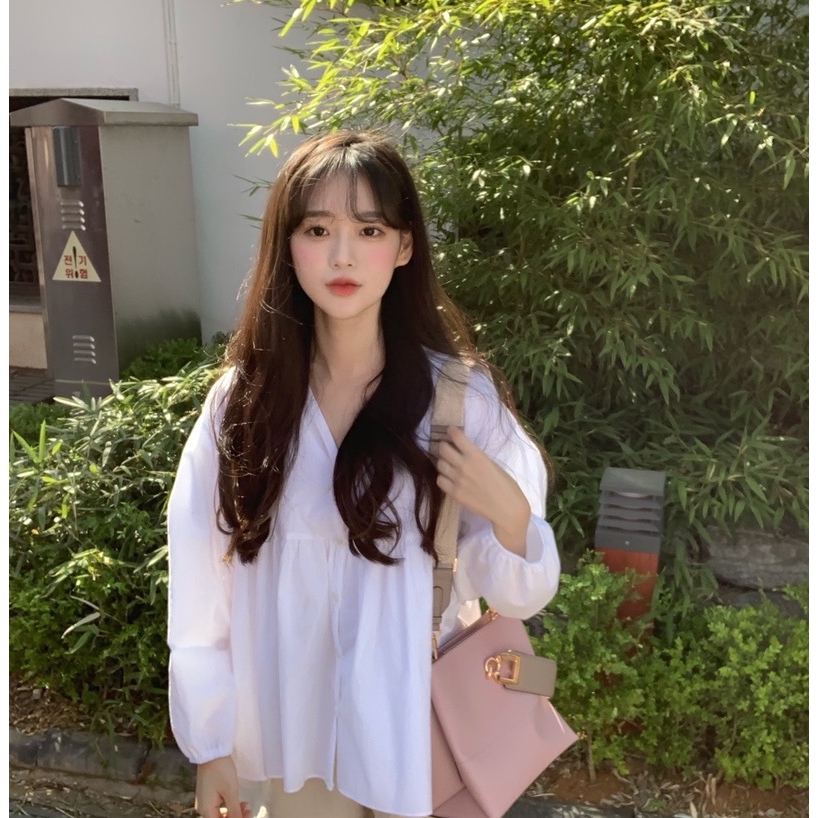 Áo sơ mi dáng rộng dài tay phong cách Hàn Quốc dễ thương ngọt ngào 35986