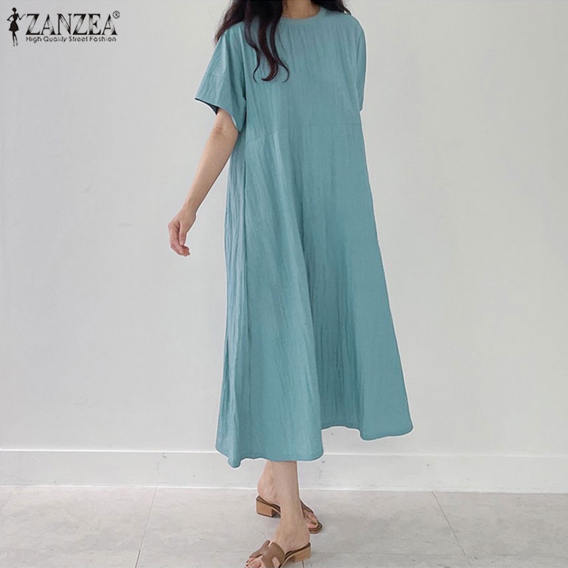 Đầm ZANZEA dài tay ngắn cổ tròn màu trơn thời trang đường phố cho nữ