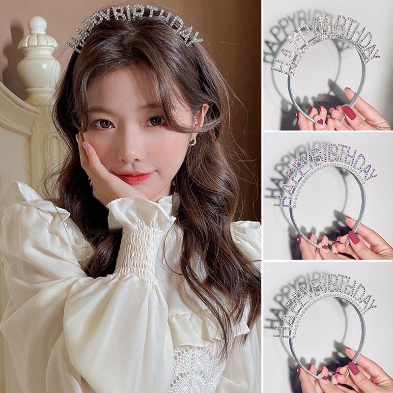 Bờm băng đô cài tóc lấp lánh happy birthday vải xốp trang trí sinh nhật bạn gái