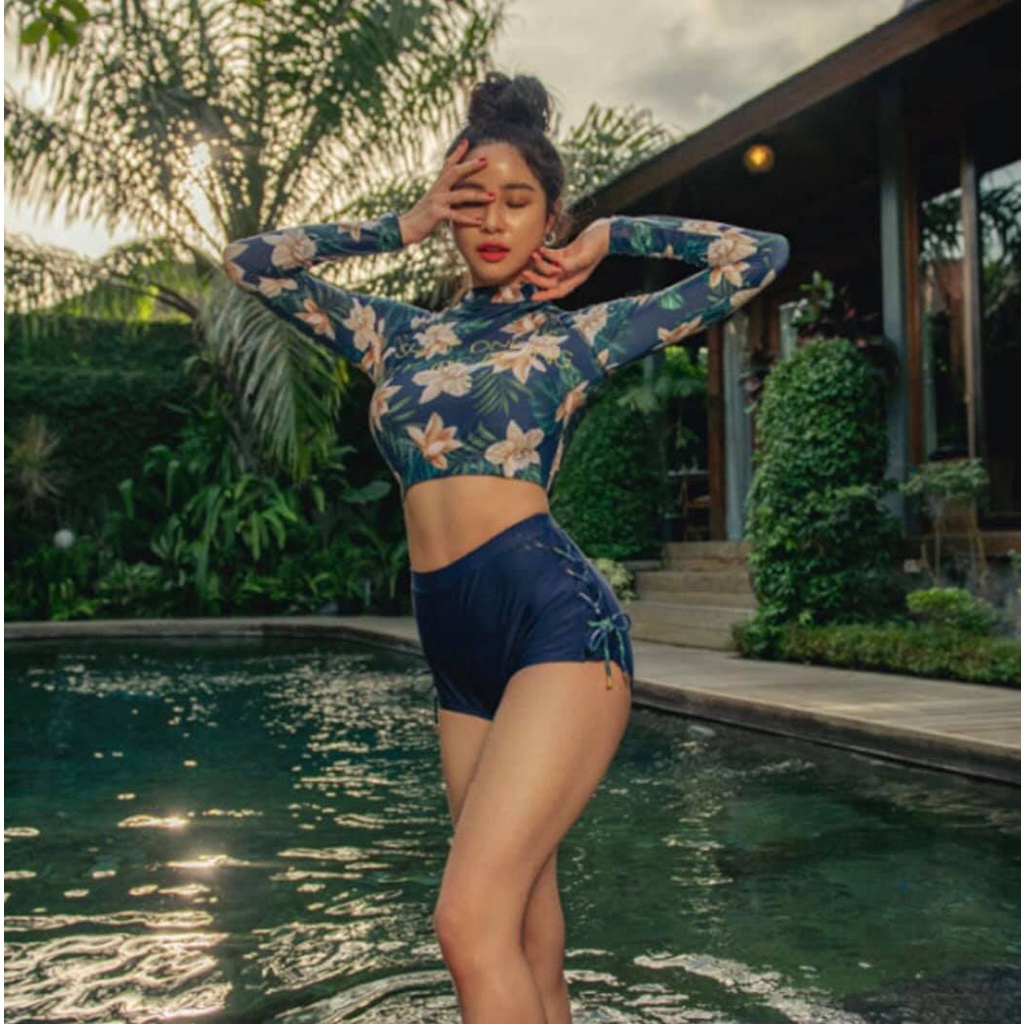 P2P BIKINI - Đồ bơi tay dài cổ cao croptop, quần cạp cao hai lớp đan dây bên - HN360