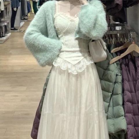 Set Áo Khoác Cardigan + Áo Hai Dây + Chân Váy Lưới Thời Trang Hàn Quốc Mới Cho Nữ