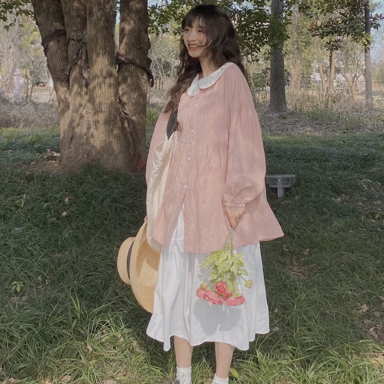 Set Áo Sơ Mi Cổ Búp Bê Chống Nắng + Chân Váy Màu Trơn Dễ Thương Cho Nữ